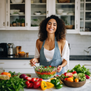 Mujer latina sonriendo mientras cocina y disfruta de una comida saludable.