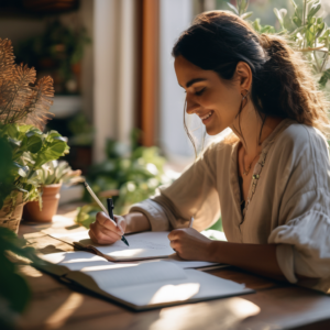 Una mujer chilena escribiendo en un diario con una taza de café, sonriendo mientras reflexiona sobre sus agradecimientos.