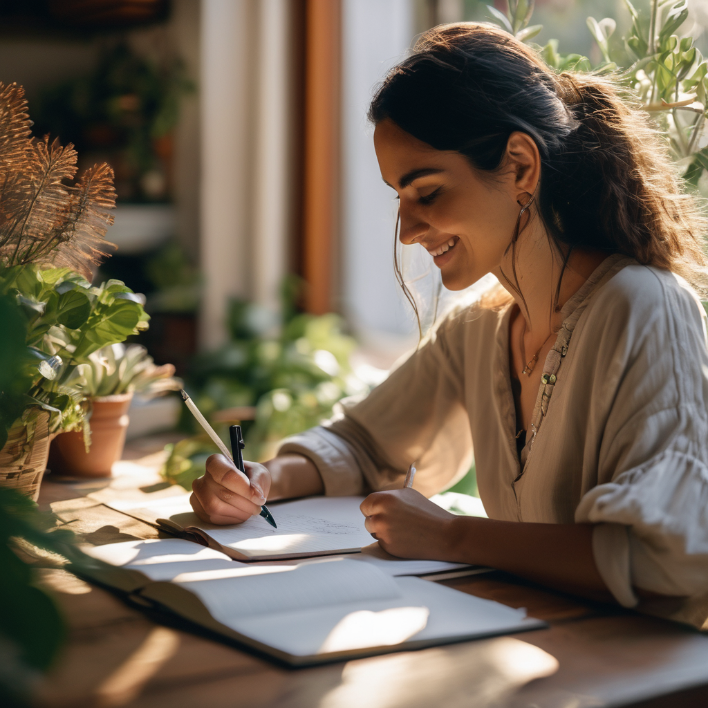 Una mujer chilena escribiendo en un diario con una taza de café, sonriendo mientras reflexiona sobre sus agradecimientos.