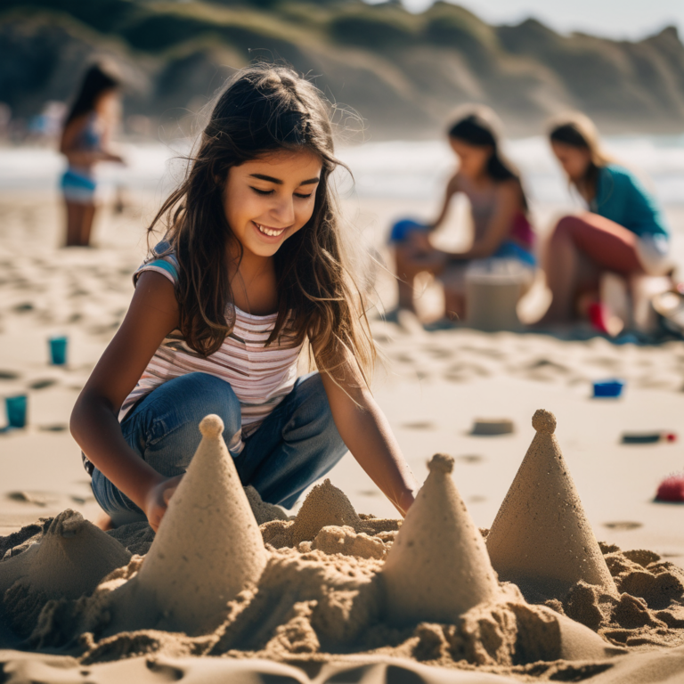 Niña chilena construyendo un castillo de arena en la playa, sonriendo y disfrutando del proceso.