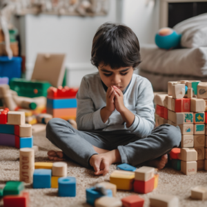 Niño chileno expresando frustración mientras juega con bloques de construcción.