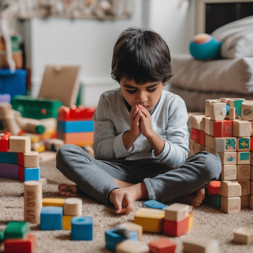 Niño chileno expresando frustración mientras juega con bloques de construcción.
