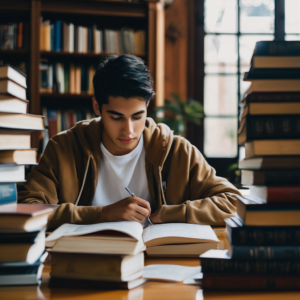 Estudiante chileno en una biblioteca, motivado y concentrado en sus estudios.