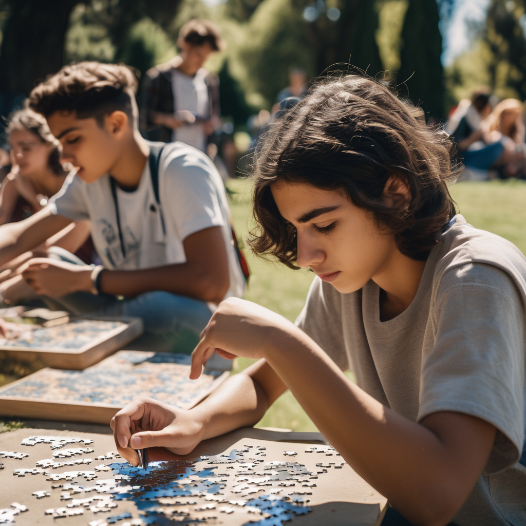 Adolescente chileno resolviendo un rompecabezas en un parque.