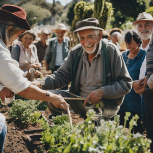 Un adulto mayor chileno sonriente participando en una actividad comunitaria, rodeado de amigos.