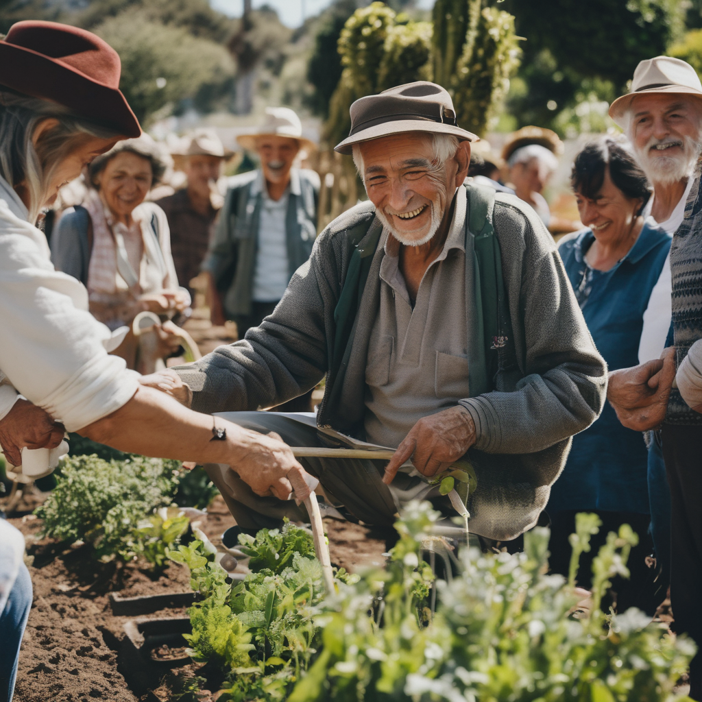 Un adulto mayor chileno sonriente participando en una actividad comunitaria, rodeado de amigos.