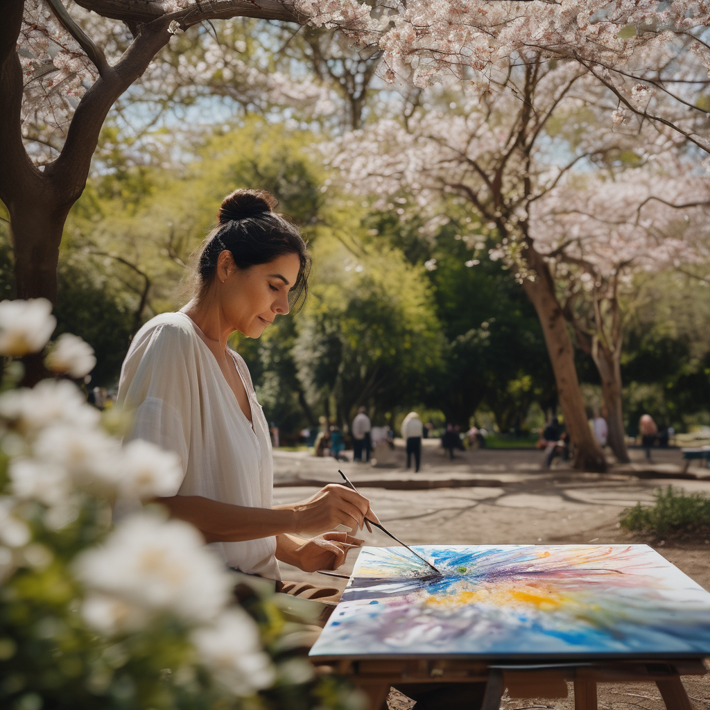 Adulto chileno creando arte en un entorno natural, mostrando concentración y alegría.