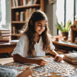 Niña latina sonriendo mientras resuelve un rompecabezas, rodeada de libros y materiales educativos.