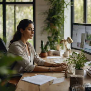 Mujer chilena practicando mindfulness en su oficina, aliviando el estrés.