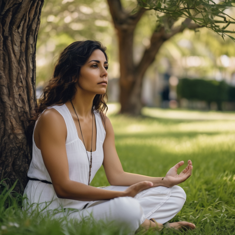 Mujer chilena meditando en un jardín, mostrando paz y tranquilidad.