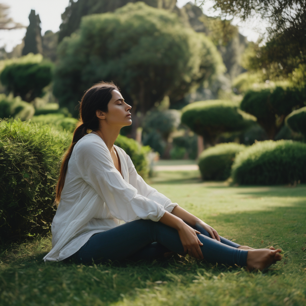 Una mujer chilena respirando profundamente en un parque, mostrando calma y control emocional.