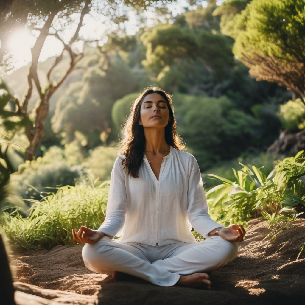 Mujer chilena meditando en un entorno natural, transmitiendo paz.