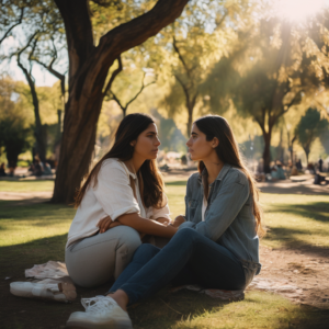 Una mujer chilena apoyando a un amigo durante un momento de cambio emocional.