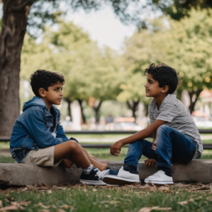 Niños chilenos resolviendo un conflicto en el parque con diálogo.