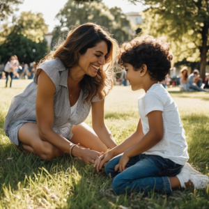 Madre latina jugando con su hijo, ambos riendo en un parque.