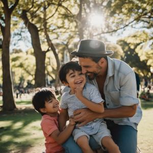 Padre chileno jugando y riendo con sus hijos en un parque, aliviando el estrés familiar.