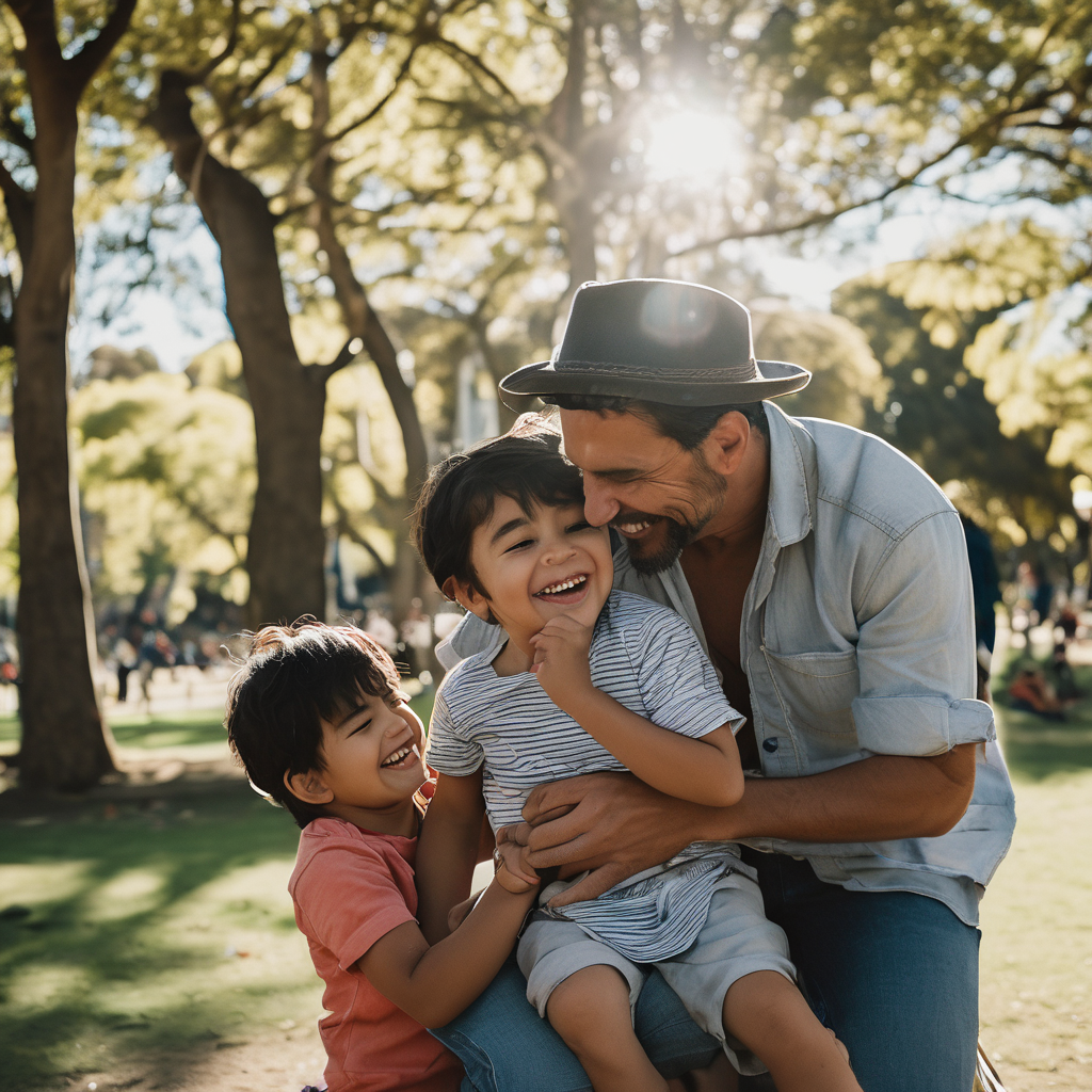Padre chileno jugando y riendo con sus hijos en un parque, aliviando el estrés familiar.