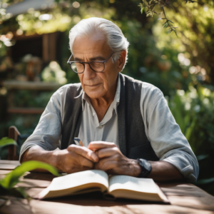 Adulto mayor concentrado leyendo en un entorno natural.