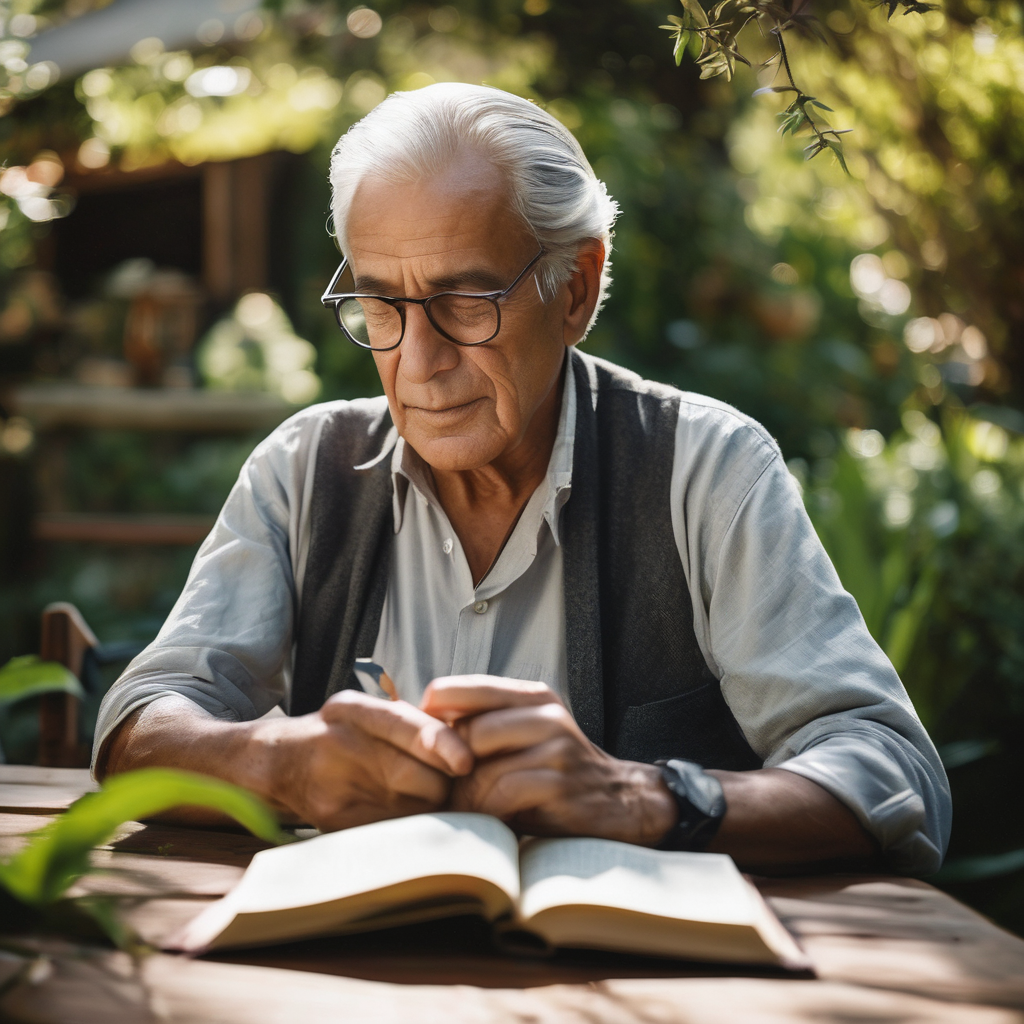 Adulto mayor concentrado leyendo en un entorno natural.