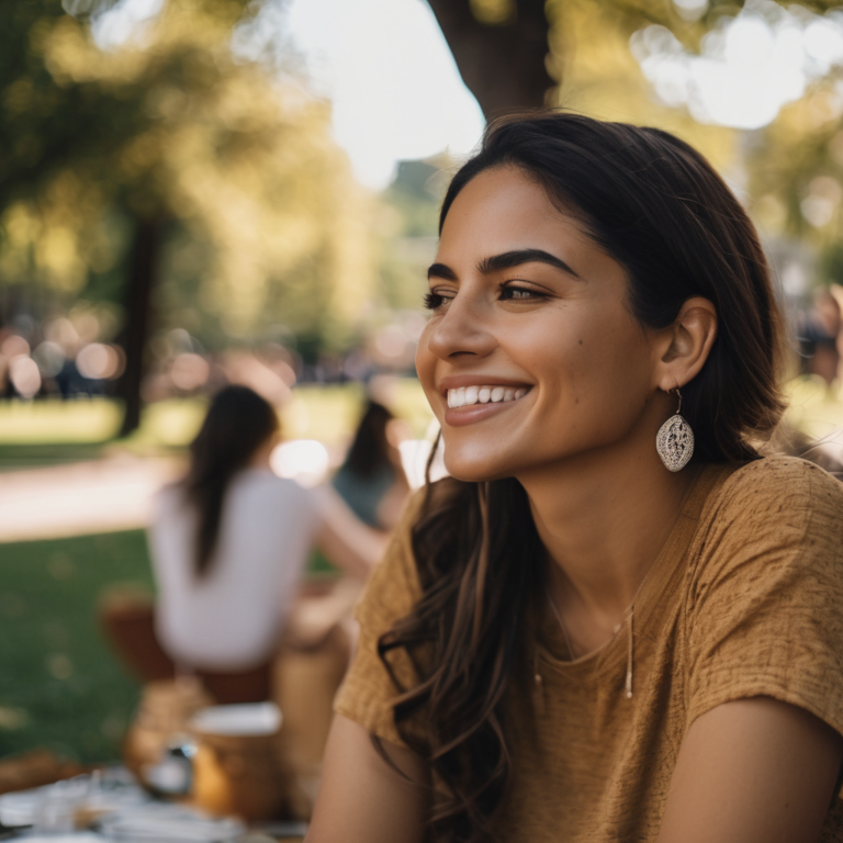 Una mujer chilena sonriendo mientras escucha atentamente a un amigo en un parque.