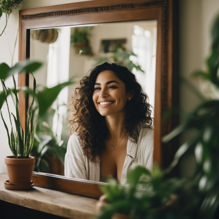 Mujer chilena sonriendo mientras mira su reflejo en un espejo con confianza.