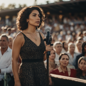 Una mujer chilena preparándose para hablar en público, mostrando determinación y nerviosismo.