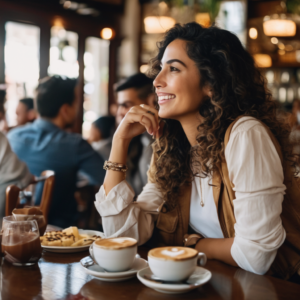 Mujer latina conversando con amigos en un café, mostrando confianza.