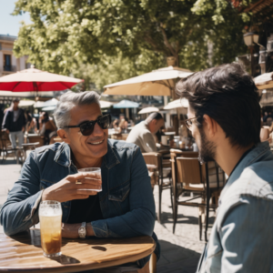 Adulto chileno practicando comunicación asertiva en una conversación amigable.