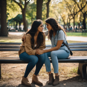 Una mujer chilena abrazando a su amiga en una conversación profunda en un parque.