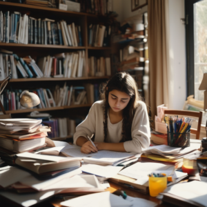 Adolescente chilena estudiando en una mesa, mostrando concentración y un leve gesto de preocupación.