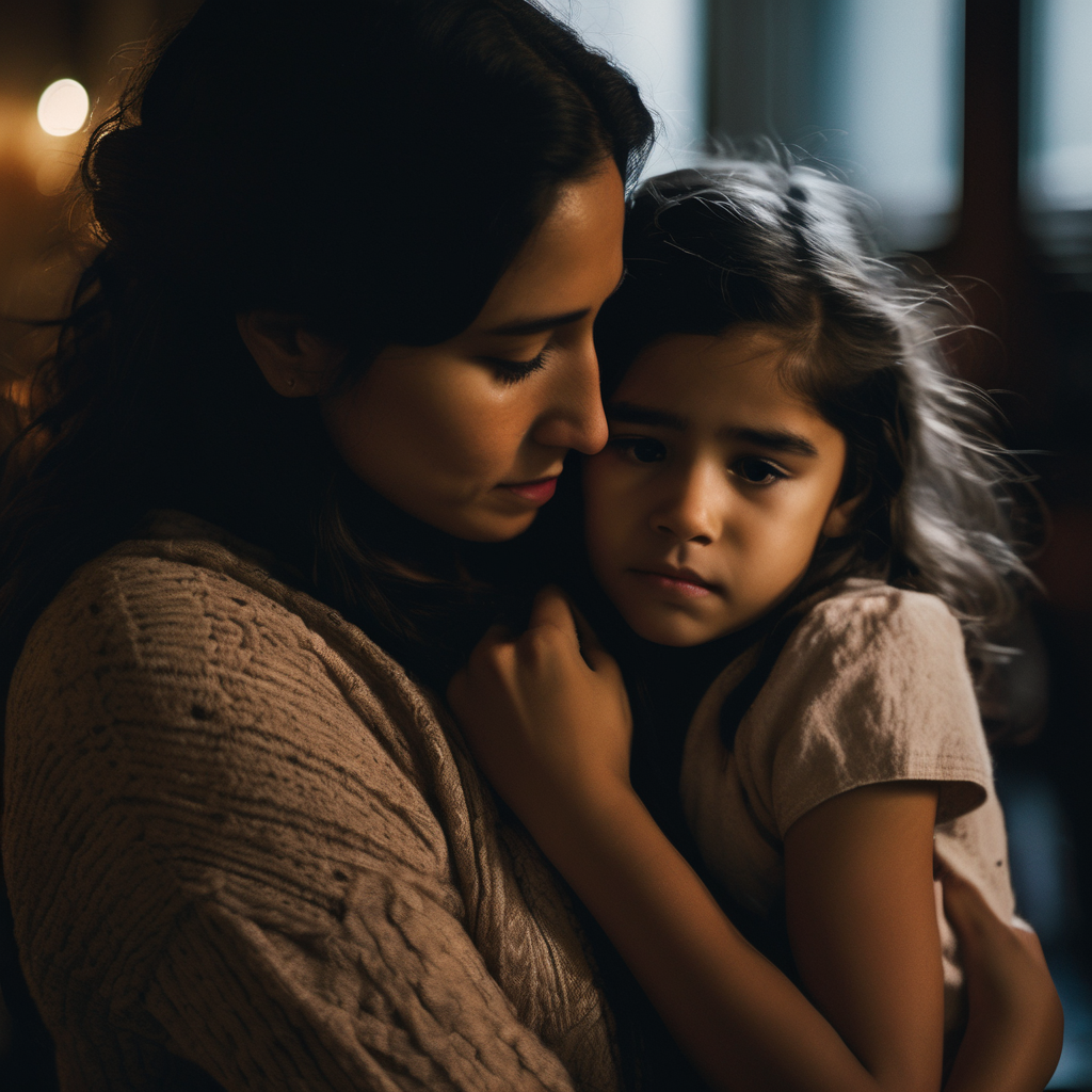 Niña chilena abrazando a su madre en una habitación oscura, sintiéndose segura.
