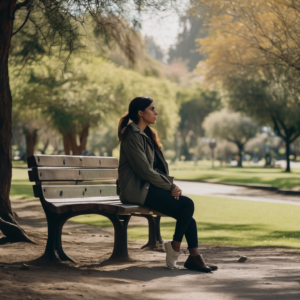 Una mujer chilena reflexionando en un parque, simbolizando la gestión de relaciones tóxicas.