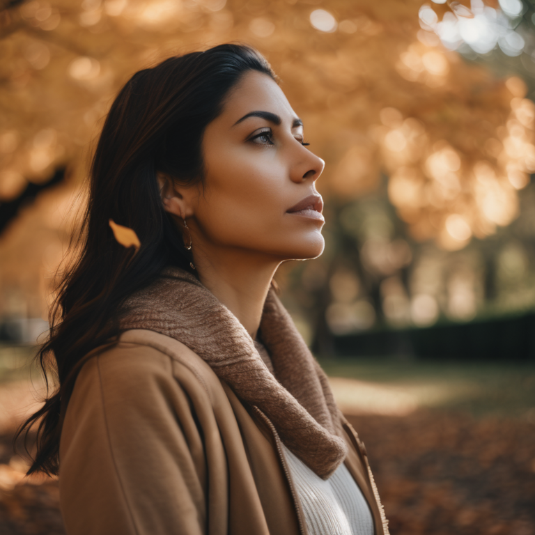 Mujer chilena respirando profundamente en un parque durante el atardecer.