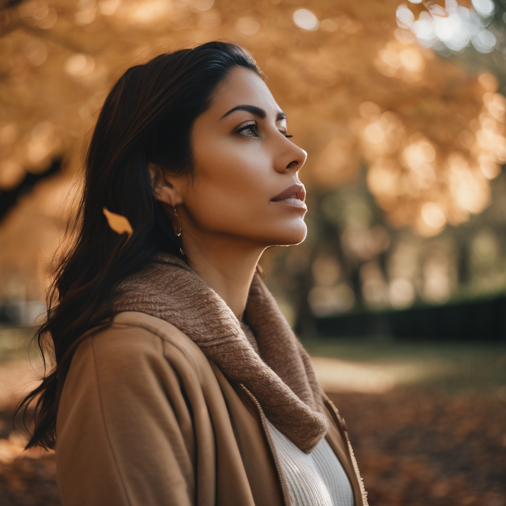 Mujer chilena respirando profundamente en un parque durante el atardecer.