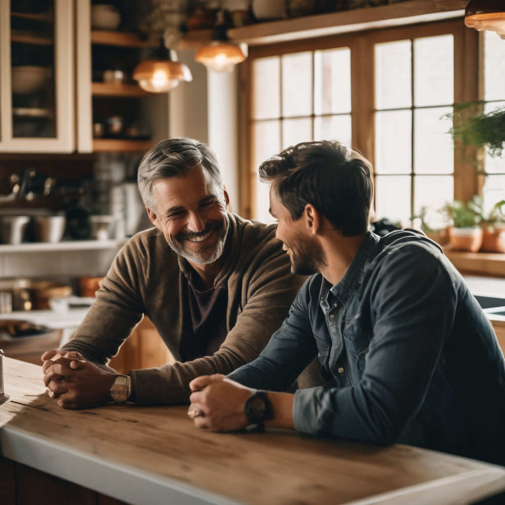 Padre e hijo conversando en la cocina, sonriendo y escuchándose atentamente.
