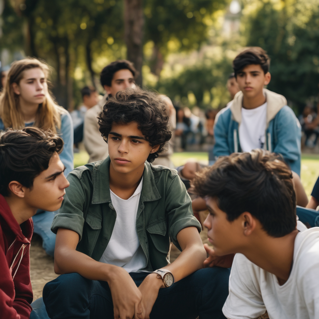 Adolescente chileno practicando la asertividad en una conversación con amigos.