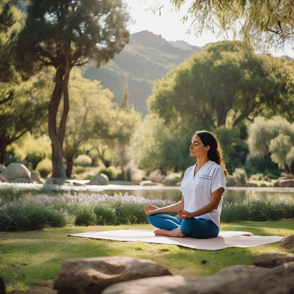Profesional de la salud chilena meditando en un parque.