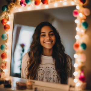 Adolescente latino sonriendo frente a un espejo, mostrando confianza.