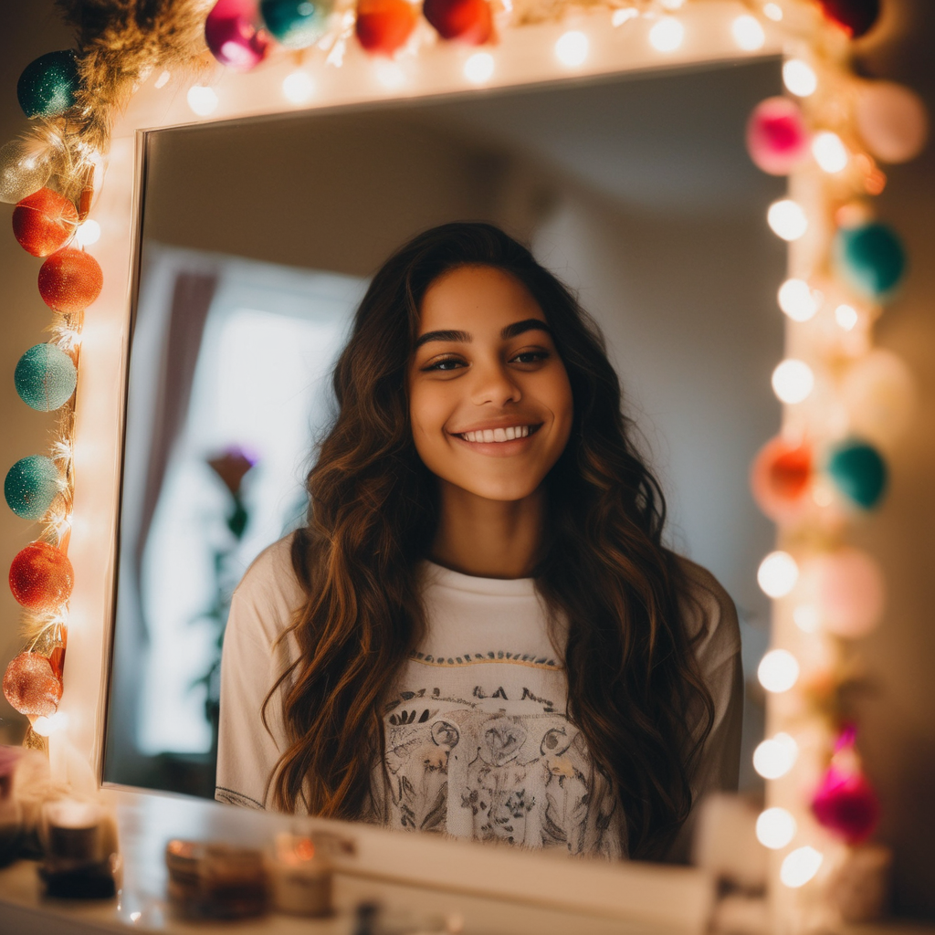 Adolescente latino sonriendo frente a un espejo, mostrando confianza.