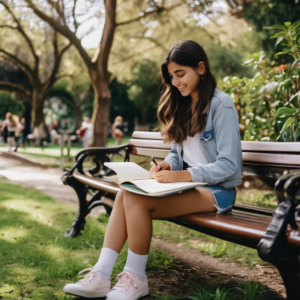 Joven chilena sonriendo mientras escribe en su diario en un parque.