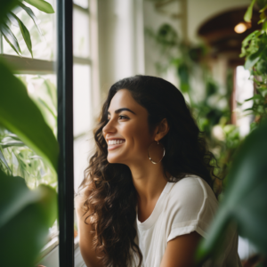 Una mujer chilena sonriendo frente a un espejo, rodeada de plantas.