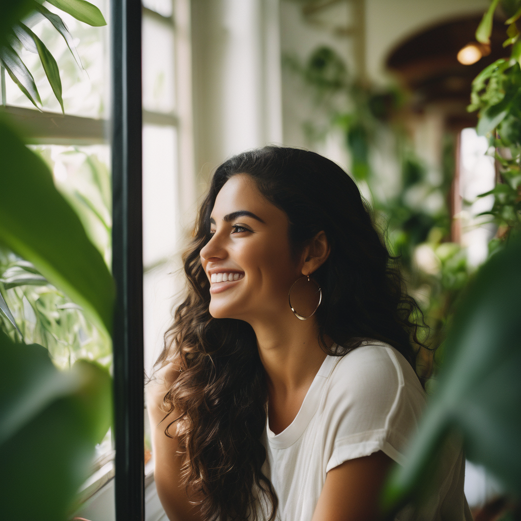Una mujer chilena sonriendo frente a un espejo, rodeada de plantas.