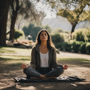Mujer chilena practicando mindfulness en un parque, rodeada de naturaleza.