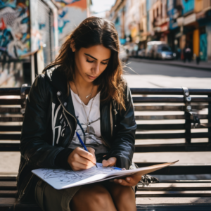 Una mujer chilena en un entorno urbano, pensativa y creando ideas en un cuaderno.