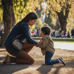 Adulto chileno interactuando con un niño, mostrando empatía en un parque.