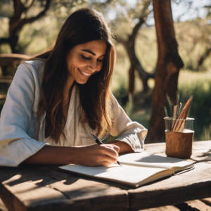 Una mujer chilena escribiendo en un diario, sonriendo mientras reflexiona sobre lo que agradece.