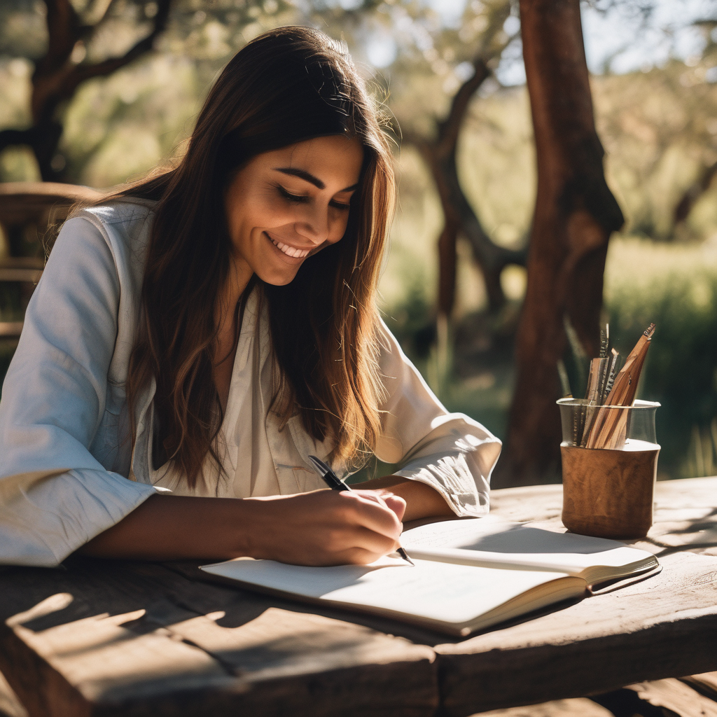 Una mujer chilena escribiendo en un diario, sonriendo mientras reflexiona sobre lo que agradece.