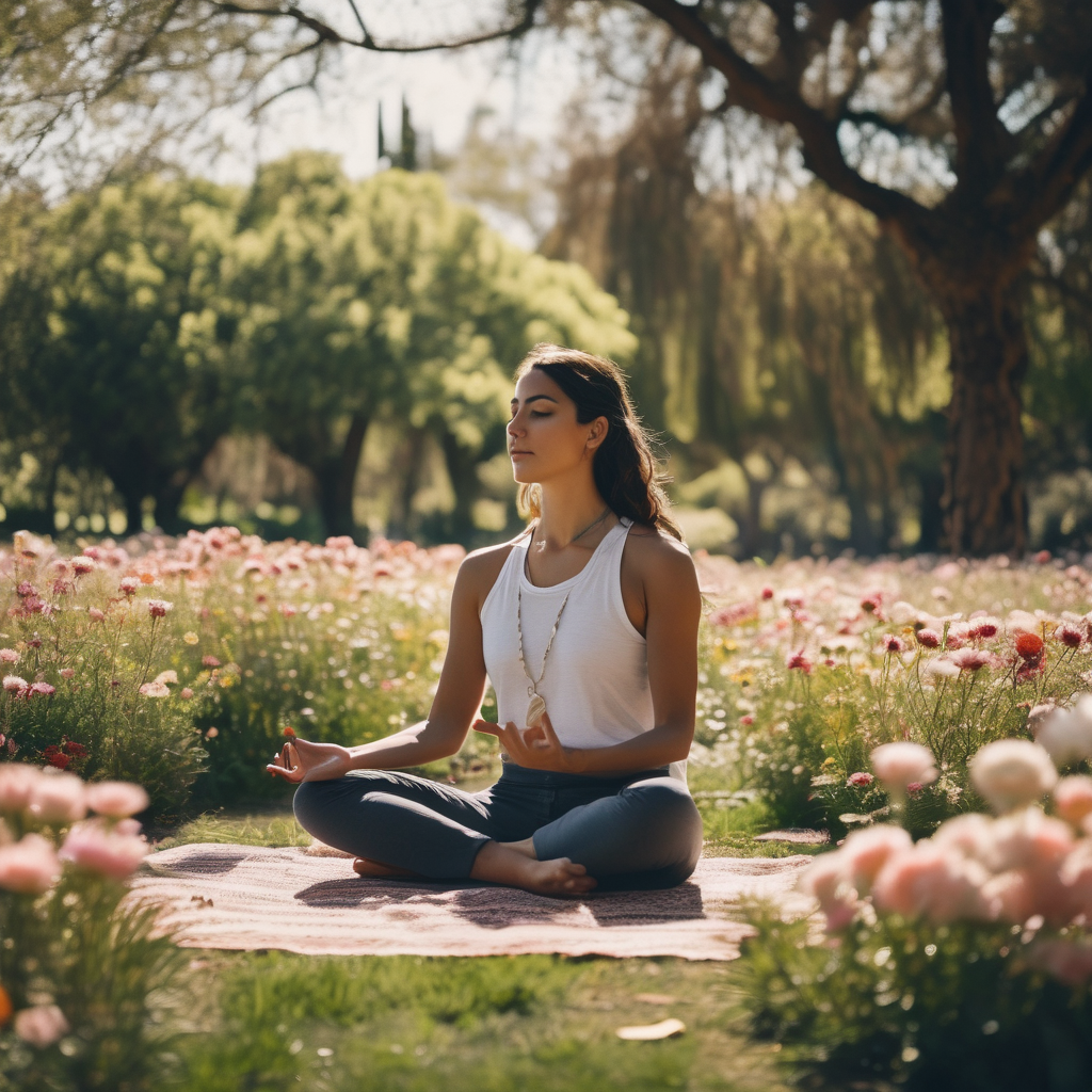 Mujer chilena meditando en un parque, rodeada de naturaleza y sonriendo.