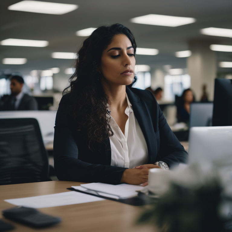 Mujer latina en oficina practicando técnicas de respiración para reducir la ansiedad.