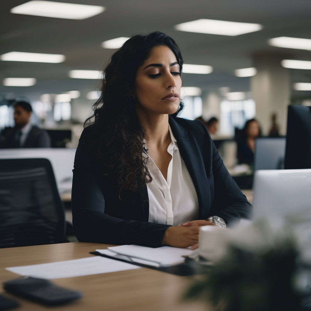 Mujer latina en oficina practicando técnicas de respiración para reducir la ansiedad.